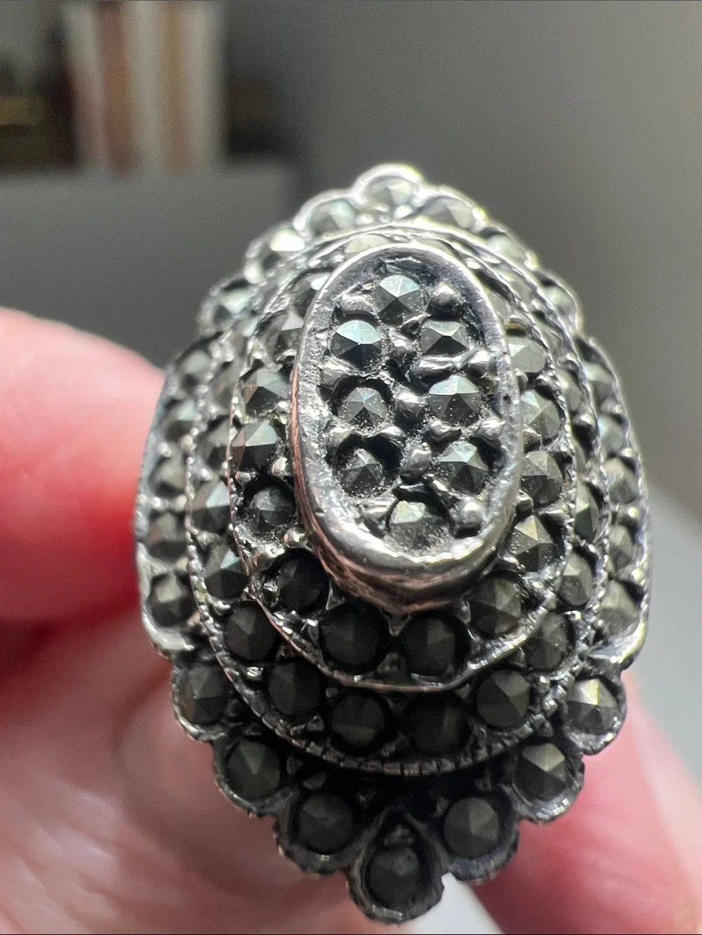 Unique Silver- Tone Black Marcasite Stones in an Oval Cluster Ring Vintage